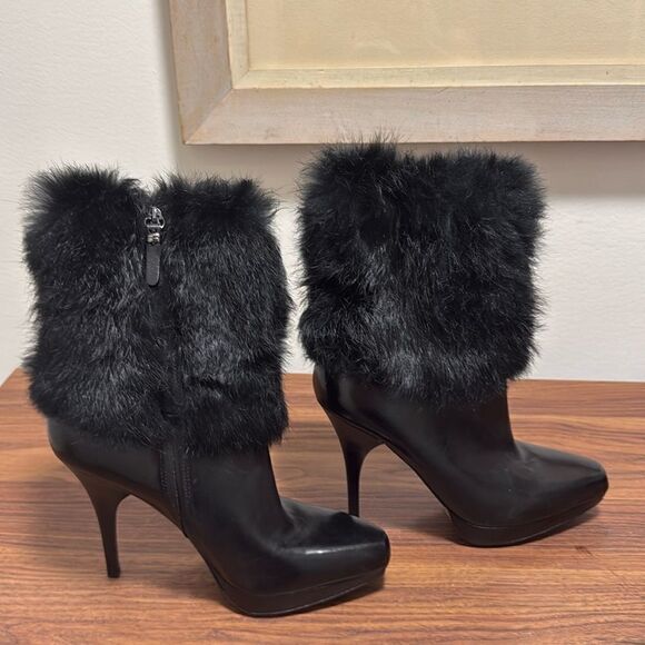 Via Spiga Eshy Black Leather Ankle Boots with Fur Cuff Platform, Stiletto Heel. - Picture 1 of 8